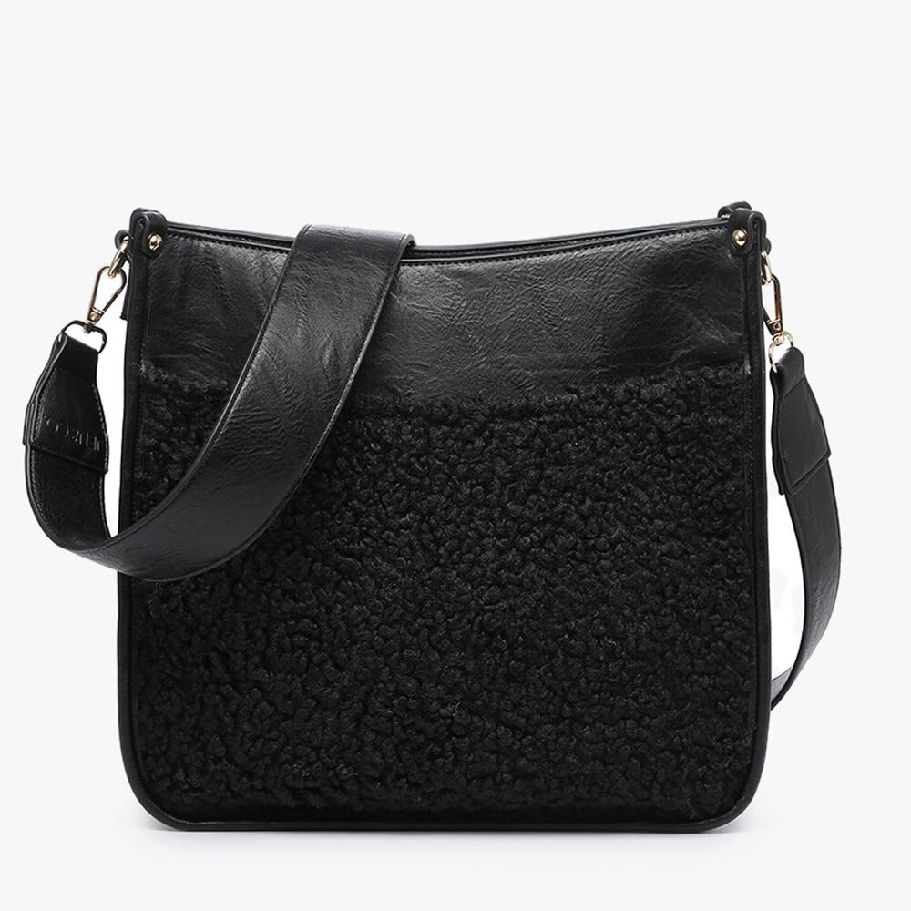 Chloe Teddy Trim Crossbody Bag with Guitar Strap Black
